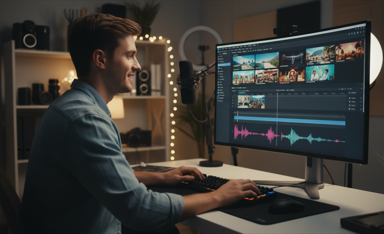 Exemplo de um criador de conteúdo editando áudio em um vídeo de viagem no Canva.