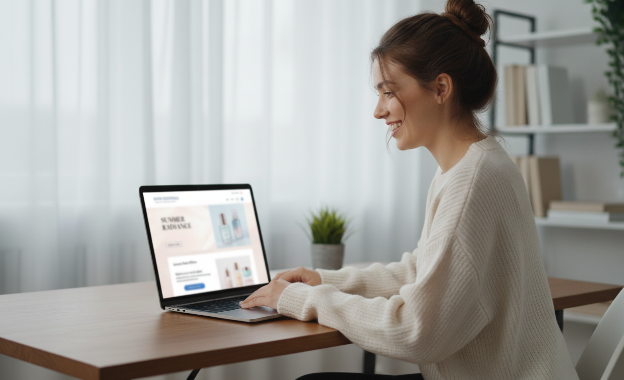 Exemplo de uma empreendedora criando um e-mail marketing no Canva para sua loja.
