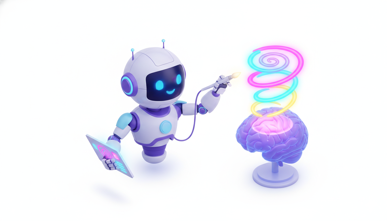 Ilustração de um robô artista pintando uma tela digital com cores vibrantes saindo da mente humana